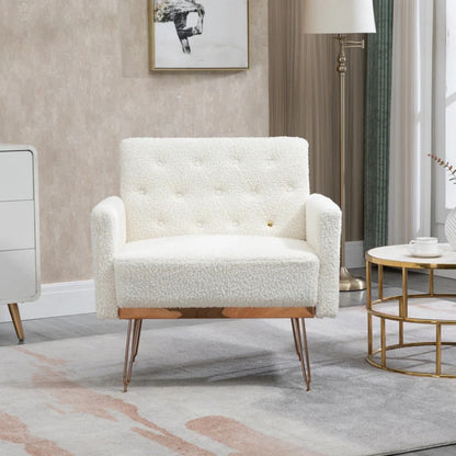 COOLMORE Armchair Single Sofa Modern Tufted Upholstered Side Reading Chairs with Arm and Gold Metal Leg for Living Room Bedroom (White teddy )-海智集-Default-