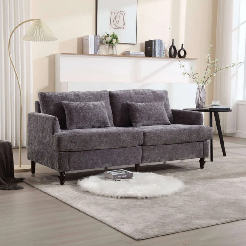 Mid Century Modern Chenille Fabric Loveseat Sofa, 2-Seat Upholstered Couch, Brown Wood Feet, Gray Chenille-海智集-Default-