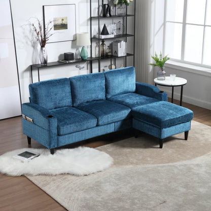 UNITED WE WIN Sofa for three, solid wood frame, Chenille fabric, side pocket, with two cup holders, footstool with storagestorage sofa /Living room sofa cozy sectional sofa-海智集-Default-