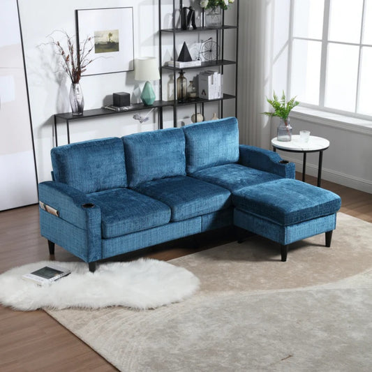 UNITED WE WIN Sofa for three, solid wood frame, Chenille fabric, side pocket, with two cup holders, footstool with storagestorage sofa /Living room sofa cozy sectional sofa-海智集-Default-