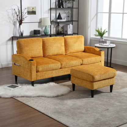 UNITED WE WIN Sofa for three, solid wood frame, Chenille fabric, side pocket, with two cup holders, footstool with storagestorage sofa /Living room sofa cozy sectional sofa-海智集-Default-