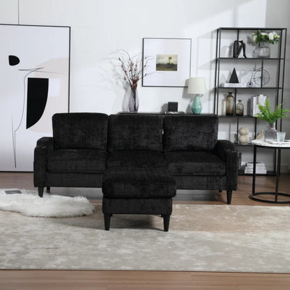 UNITED WE WIN Sofa for three, solid wood frame, Chenille fabric, side pocket, with two cup holders, footstool with storagestorage sofa /Living room sofa cozy sectional sofa-海智集-Default-