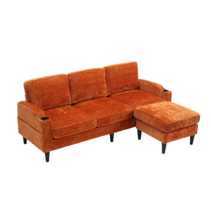 UNITED WE WIN Sofa for three, solid wood frame, Chenille fabric, side pocket, with two cup holders, footstool with storagestorage sofa /Living room sofa cozy sectional sofa-海智集-Default-
