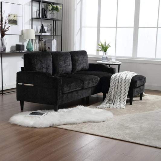 UNITED WE WIN Sofa for three, solid wood frame, Chenille fabric, side pocket, with two cup holders, footstool with storagestorage sofa /Living room sofa cozy sectional sofa-海智集-Default-