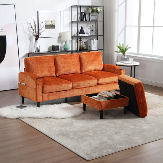 UNITED WE WIN Sofa for three, solid wood frame, Chenille fabric, side pocket, with two cup holders, footstool with storagestorage sofa /Living room sofa cozy sectional sofa-海智集-Default-