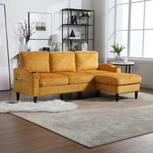 UNITED WE WIN Sofa for three, solid wood frame, Chenille fabric, side pocket, with two cup holders, footstool with storagestorage sofa /Living room sofa cozy sectional sofa-海智集-Default-