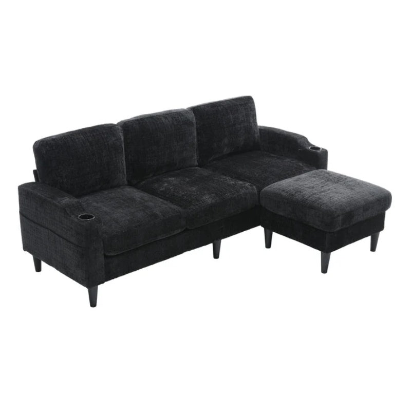 UNITED WE WIN Sofa for three, solid wood frame, Chenille fabric, side pocket, with two cup holders, footstool with storagestorage sofa /Living room sofa cozy sectional sofa-海智集-Default-