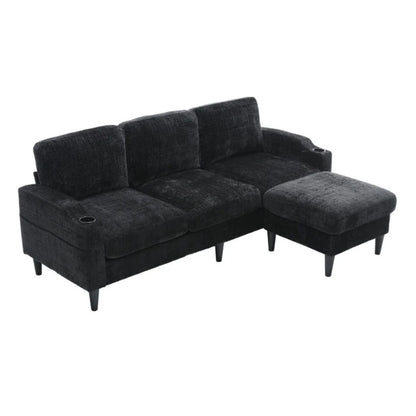 UNITED WE WIN Sofa for three, solid wood frame, Chenille fabric, side pocket, with two cup holders, footstool with storagestorage sofa /Living room sofa cozy sectional sofa-海智集-Default-