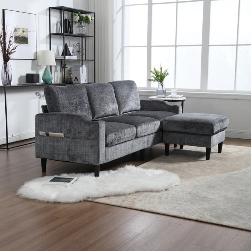 UNITED WE WIN Sofa for three, solid wood frame, Chenille fabric, side pocket, with two cup holders, footstool with storagestorage sofa /Living room sofa cozy sectional sofa-海智集-Default-