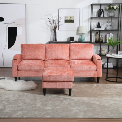 UNITED WE WIN Sofa for three, solid wood frame, Chenille fabric, side pocket, with two cup holders, footstool with storagestorage sofa /Living room sofa cozy sectional sofa-海智集-Default-