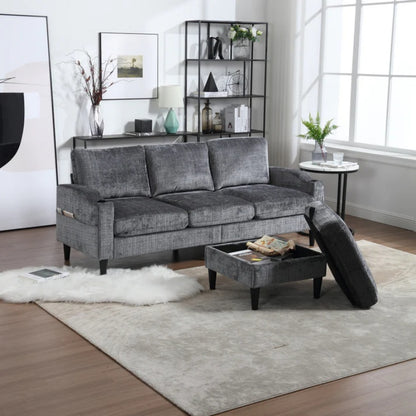 UNITED WE WIN Sofa for three, solid wood frame, Chenille fabric, side pocket, with two cup holders, footstool with storagestorage sofa /Living room sofa cozy sectional sofa-海智集-Default-