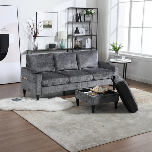 UNITED WE WIN Sofa for three, solid wood frame, Chenille fabric, side pocket, with two cup holders, footstool with storagestorage sofa /Living room sofa cozy sectional sofa-海智集-Default-