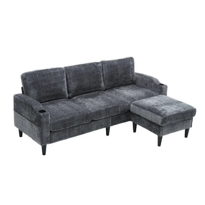 UNITED WE WIN Sofa for three, solid wood frame, Chenille fabric, side pocket, with two cup holders, footstool with storagestorage sofa /Living room sofa cozy sectional sofa-海智集-Default-