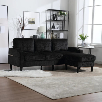 UNITED WE WIN Sofa for three, solid wood frame, Chenille fabric, side pocket, with two cup holders, footstool with storagestorage sofa /Living room sofa cozy sectional sofa-海智集-Default-