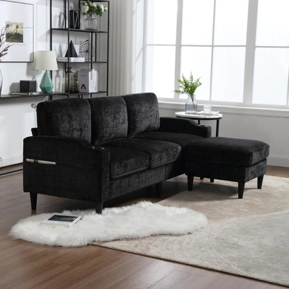 UNITED WE WIN Sofa for three, solid wood frame, Chenille fabric, side pocket, with two cup holders, footstool with storagestorage sofa /Living room sofa cozy sectional sofa-海智集-Default-