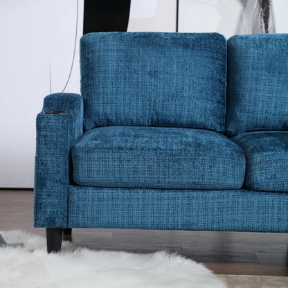 UNITED WE WIN Sofa for three, solid wood frame, Chenille fabric, side pocket, with two cup holders, footstool with storagestorage sofa /Living room sofa cozy sectional sofa-海智集-Default-