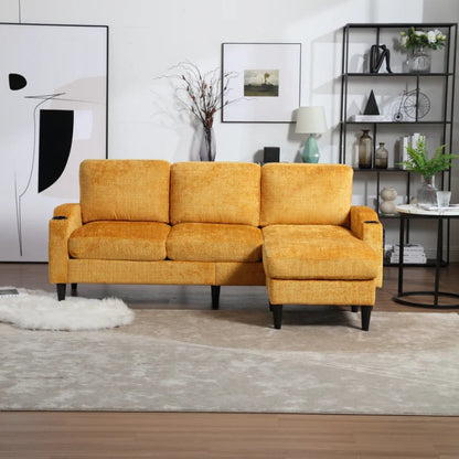 UNITED WE WIN Sofa for three, solid wood frame, Chenille fabric, side pocket, with two cup holders, footstool with storagestorage sofa /Living room sofa cozy sectional sofa-海智集-Default-