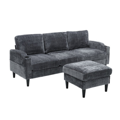 UNITED WE WIN Sofa for three, solid wood frame, Chenille fabric, side pocket, with two cup holders, footstool with storagestorage sofa /Living room sofa cozy sectional sofa-海智集-Default-