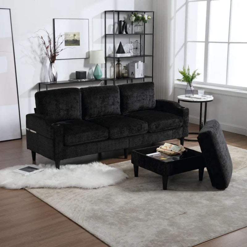 UNITED WE WIN Sofa for three, solid wood frame, Chenille fabric, side pocket, with two cup holders, footstool with storagestorage sofa /Living room sofa cozy sectional sofa-海智集-Default-