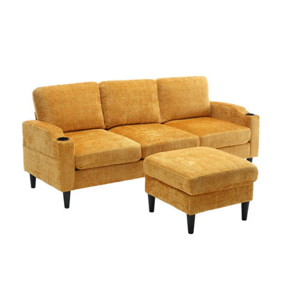 UNITED WE WIN Sofa for three, solid wood frame, Chenille fabric, side pocket, with two cup holders, footstool with storagestorage sofa /Living room sofa cozy sectional sofa-海智集-Default-