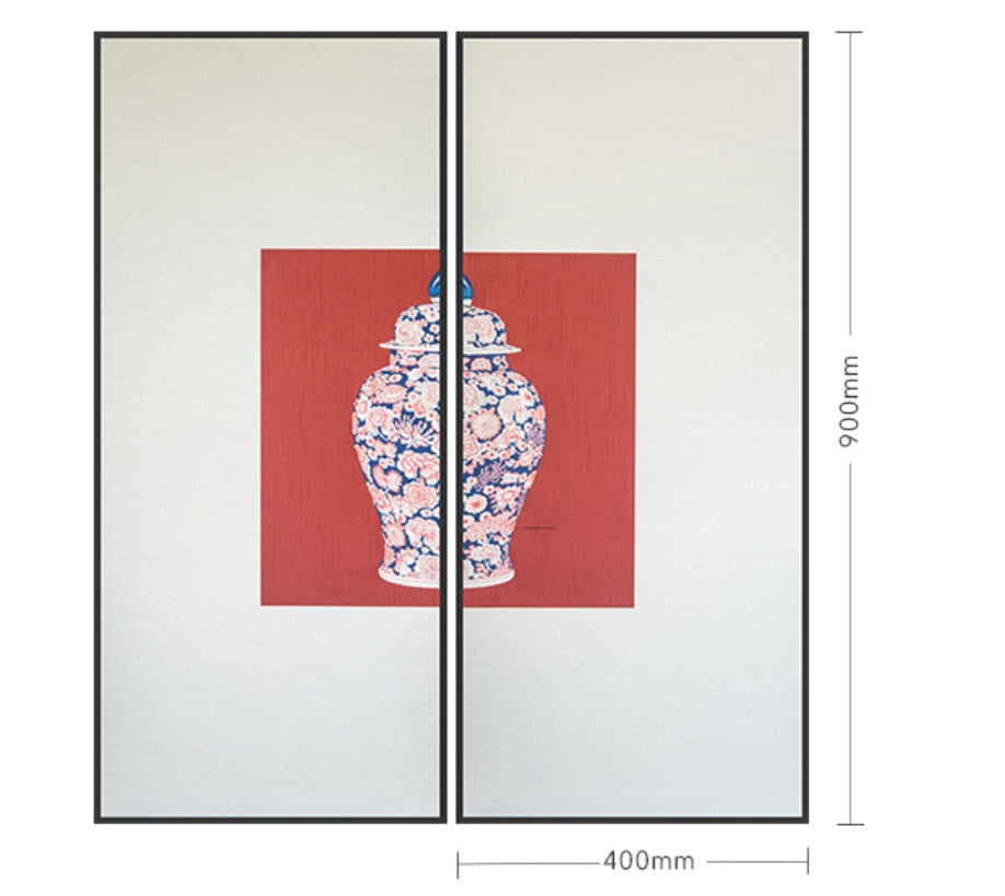 Commercial Suzhou Full Embroidery — framed, simulated silk, soft luster. Dual craftsmanship. Wholesale for decor firms, commercial use; home use too. Art decor for hotels, offices, residences.GorgeousBlue - and - White with Red AccentsⅡ-海智集-