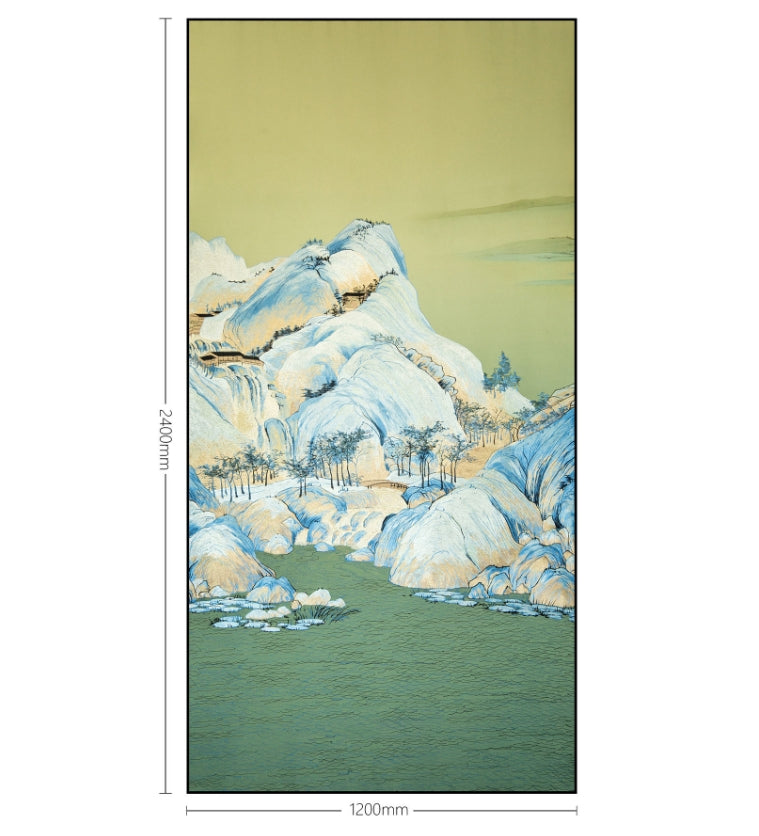 Commercial Suzhou Full Embroidery — framed, simulated silk, soft luster. Dual craftsmanship. Wholesale for decor firms, commercial use; home use too. Art decor for hotels, offices, residences.Landscape of a Thousand Li-海智集-