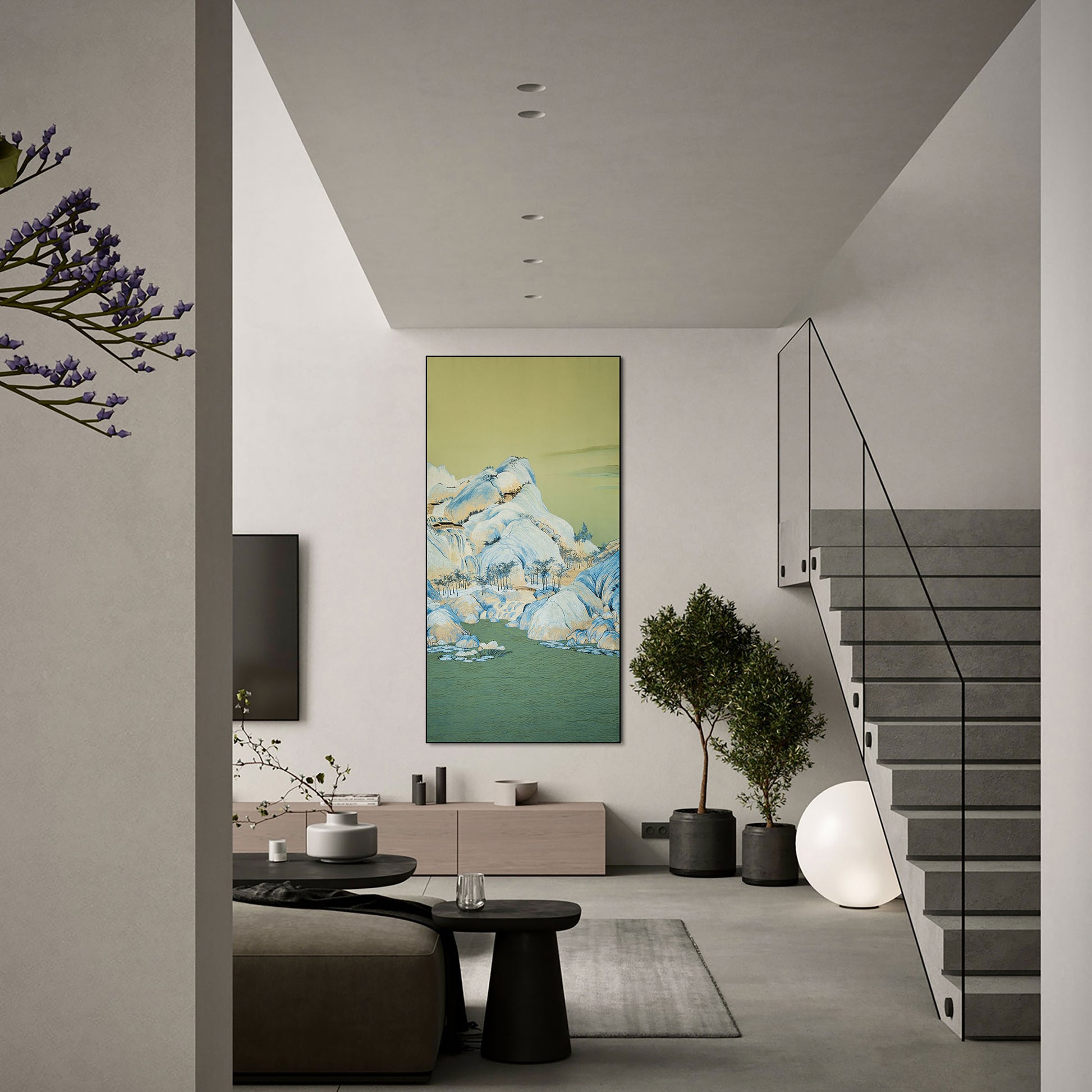 Commercial Suzhou Full Embroidery — framed, simulated silk, soft luster. Dual craftsmanship. Wholesale for decor firms, commercial use; home use too. Art decor for hotels, offices, residences.Landscape of a Thousand Li-海智集-