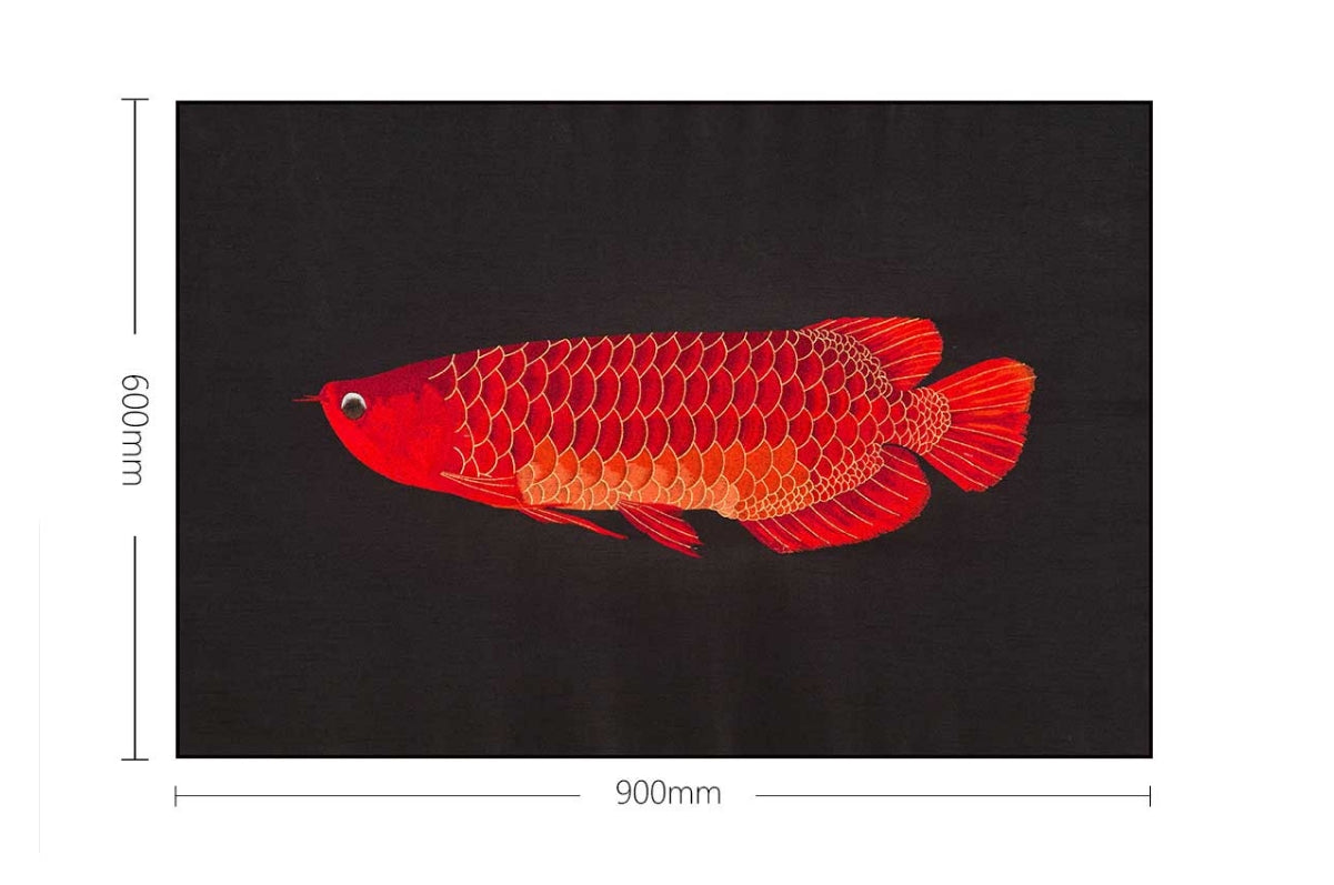 Commercial Suzhou Full Embroidery — framed, simulated silk, soft luster. Dual craftsmanship. Wholesale for decor firms, commercial use; home use too. Art decor for hotels, offices, residences.Golden Arowana1-海智集-