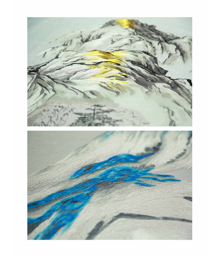 High-End Embroidery Decorative Painting - Suzhou Embroidery with Silk Full-Embroidery Craftsmanship | Commercial Space Soft Decoration Wall Hanging | Bulk Purchases Available with Customizable Patterns and Sizes.Green Peaks Gilded in Gold-海智集-