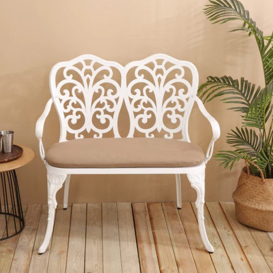 Patio Garden Bench Metal Park Bench Cast Aluminum Outdoor Furniture with Floral Rose for Patio,Park,Lawn,Yard with cushion white-海智集-Default-