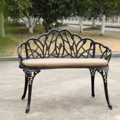 Tulip Patio Garden Bench Metal Park Bench Cast Aluminum Outdoor Furniture with Floral Rose for Patio,Park,Lawn,Yard Black withe cushion-海智集-Default-