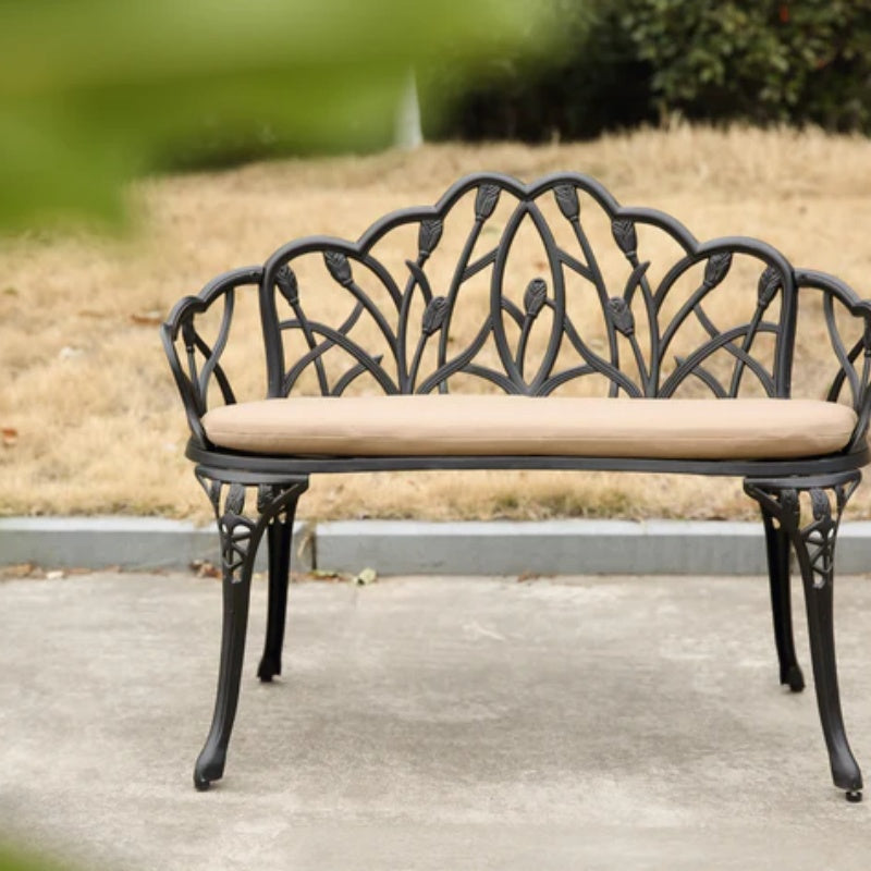 Tulip Patio Garden Bench Metal Park Bench Cast Aluminum Outdoor Furniture with Floral Rose for Patio,Park,Lawn,Yard Black withe cushion-海智集-Default-