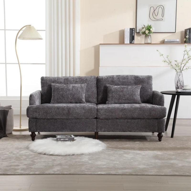 Mid Century Modern Chenille Fabric Loveseat Sofa, 2-Seat Upholstered Couch, Brown Wood Feet, Gray Chenille-海智集-Default-