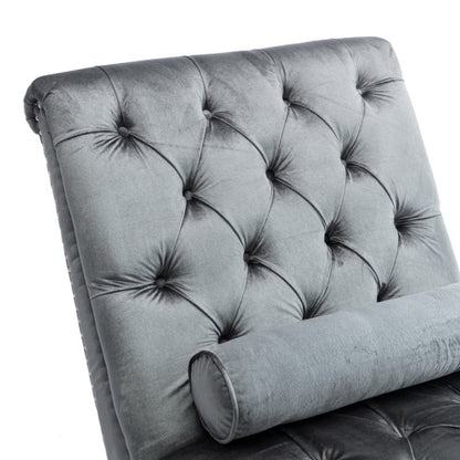 Velvet Chaise Lounge Indoor, Button-Tufted Upholstered Chaise Lounge Chair with Pillow, Silver Velvet, 63.98 Inches-海智集-Default-