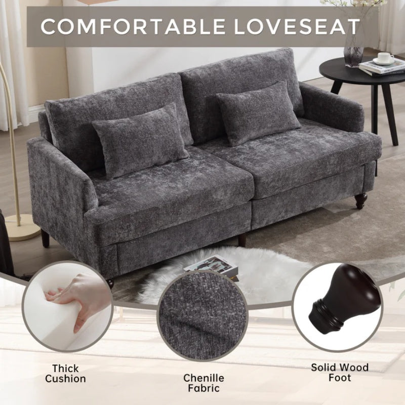 Mid Century Modern Chenille Fabric Loveseat Sofa, 2-Seat Upholstered Couch, Brown Wood Feet, Gray Chenille-海智集-Default-