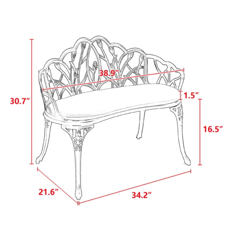 Tulip Patio Garden Bench Metal Park Bench Cast Aluminum Outdoor Furniture with Floral Rose for Patio,Park,Lawn,Yard Black withe cushion-海智集-Default-