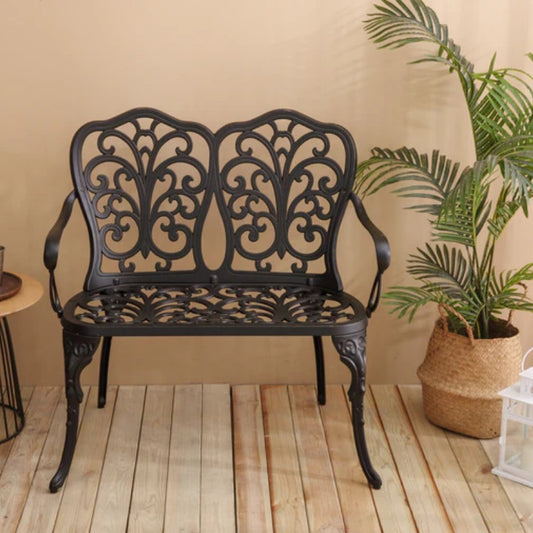 Patio Garden Bench Metal Park Bench Cast Aluminum Outdoor Furniture with Floral Rose for Patio,Park,Lawn,Yard Black-海智集-Default-