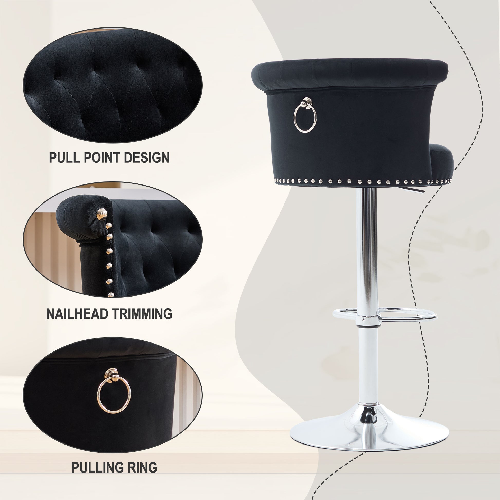 COOLMORE Velvet Bar Stool Set of 2, Adjustable Swivel Bar Stools with Silver Plated Metal Leg, Chrome Nailhead, Counter Height Chair for Kitchen,Dining Room-海智集-Default-
