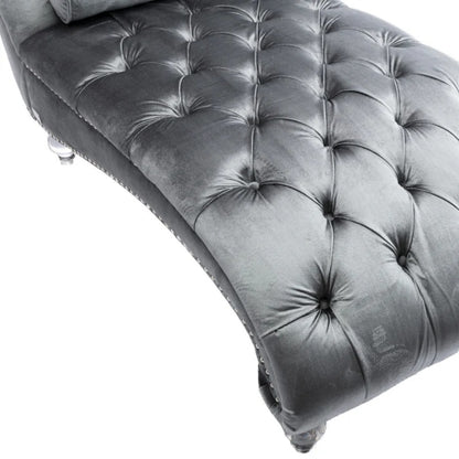 Velvet Chaise Lounge Indoor, Button-Tufted Upholstered Chaise Lounge Chair with Pillow, Silver Velvet, 63.98 Inches-海智集-Default-