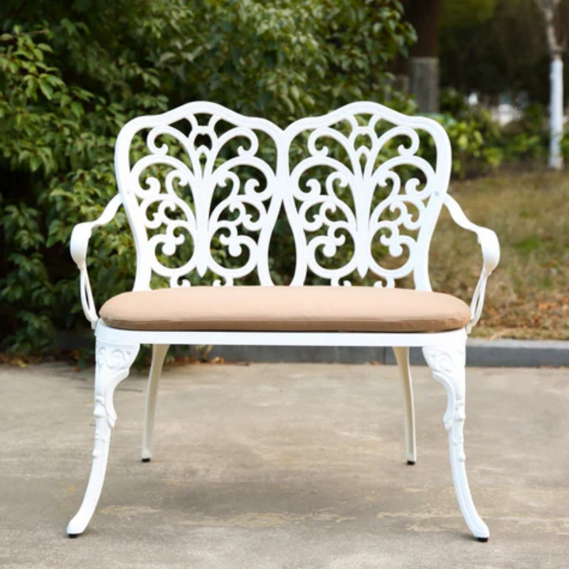 Patio Garden Bench Metal Park Bench Cast Aluminum Outdoor Furniture with Floral Rose for Patio,Park,Lawn,Yard with cushion white-海智集-Default-