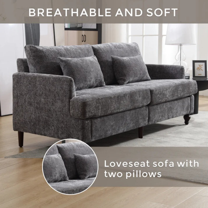 Mid Century Modern Chenille Fabric Loveseat Sofa, 2-Seat Upholstered Couch, Brown Wood Feet, Gray Chenille-海智集-Default-