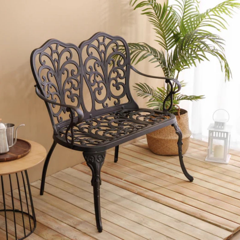 Patio Garden Bench Metal Park Bench Cast Aluminum Outdoor Furniture with Floral Rose for Patio,Park,Lawn,Yard Black-海智集-Default-