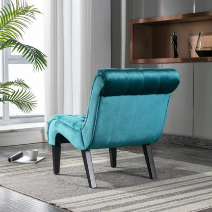 COOLMORE Modern Velvet Armless Accent Living Room Chair / Leisure Chair,Upholstered Fabric Button Comfortable Chair with Wooden Legs for Bedroom, Living Room, Office (Teal Velvet)-海智集-Default-