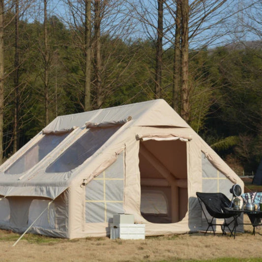9.8 x13ft Inflatable Camping Tents with Hand Pump, Air Glamping Tents, Easy Setup Waterproof and Windproof Blow up Tent, 4 Seasons Oxford Cabin Tent with Mesh & Chimney Window. Beige-海智集-Default-