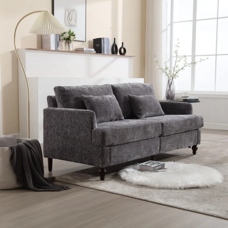 Mid Century Modern Chenille Fabric Loveseat Sofa, 2-Seat Upholstered Couch, Brown Wood Feet, Gray Chenille-海智集-Default-