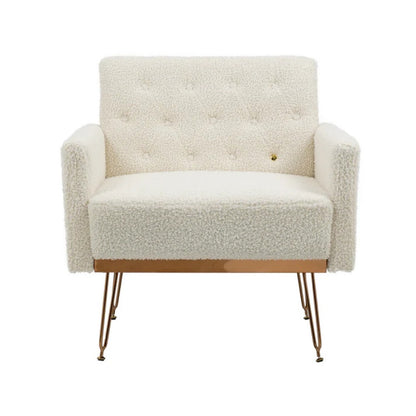 COOLMORE Armchair Single Sofa Modern Tufted Upholstered Side Reading Chairs with Arm and Gold Metal Leg for Living Room Bedroom (White teddy )-海智集-Default-