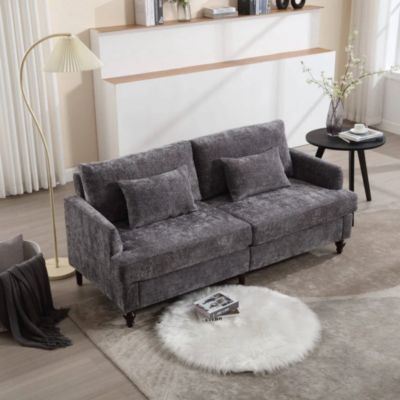 Mid Century Modern Chenille Fabric Loveseat Sofa, 2-Seat Upholstered Couch, Brown Wood Feet, Gray Chenille-海智集-Default-