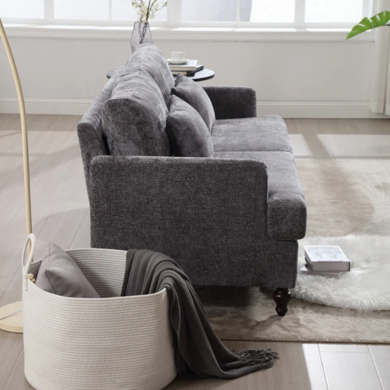 Mid Century Modern Chenille Fabric Loveseat Sofa, 2-Seat Upholstered Couch, Brown Wood Feet, Gray Chenille-海智集-Default-