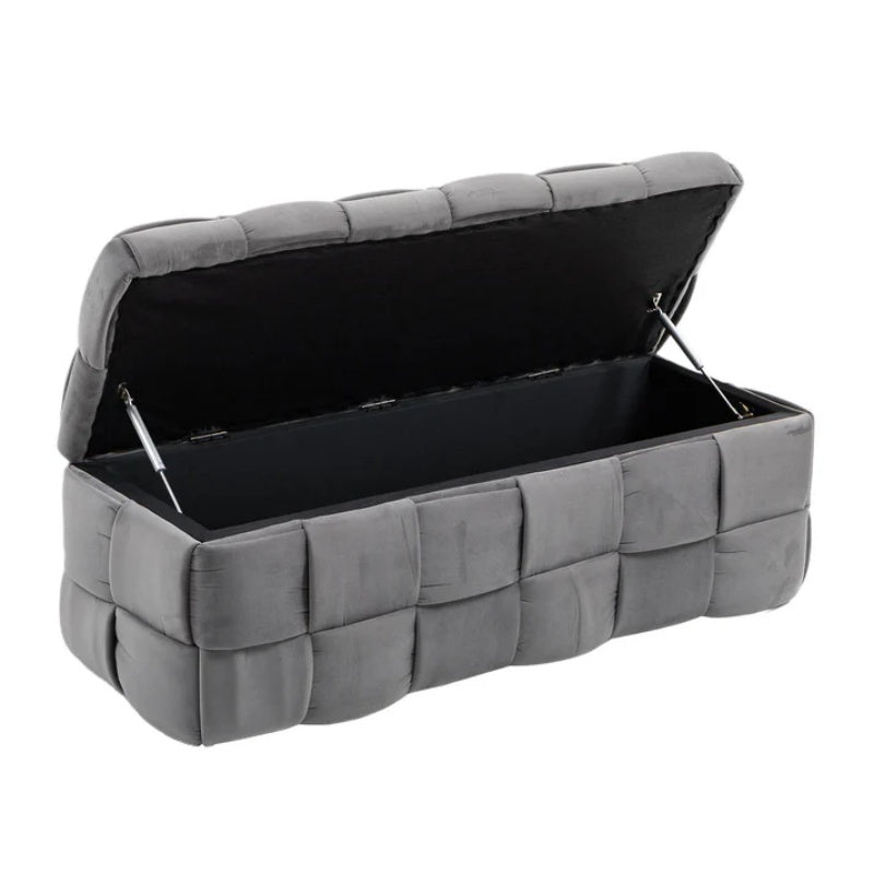 Stylish Velvet Storage Ottoman Bench with Safety Hinge for Living Room & Bedroom, Gray, 43.7'' x 17.32'' x 15.73''-海智集-Default-