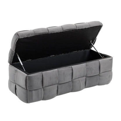 Stylish Velvet Storage Ottoman Bench with Safety Hinge for Living Room & Bedroom, Gray, 43.7'' x 17.32'' x 15.73''-海智集-Default-